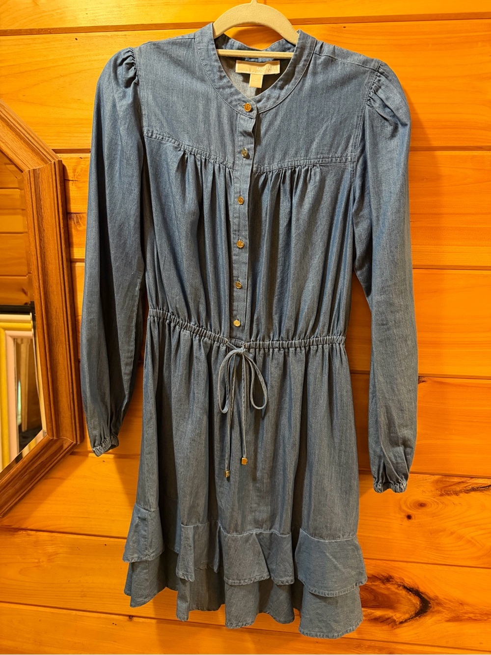 MICHAEL Michael Kors Denim-Blue Long Sleeve Tiered Drawstring Dress